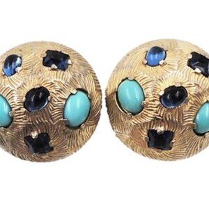 Vintage 1960s Signed Castlecliff Faux-Sapphire & Turquoise Round Clip Earrings